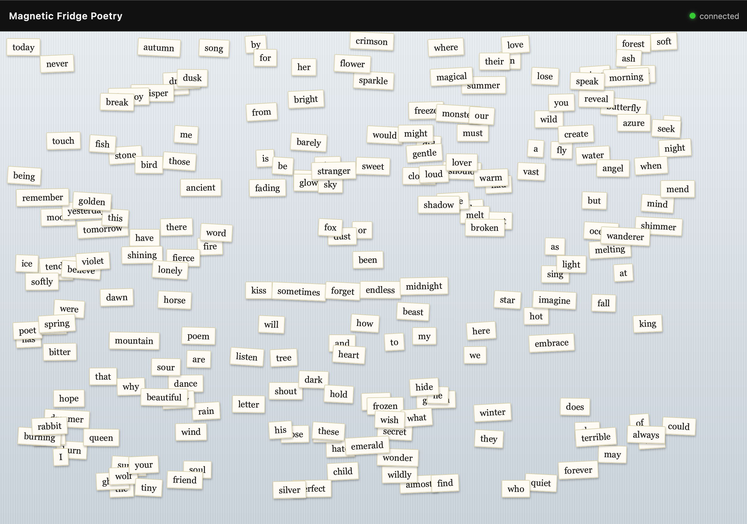 Magnetic Fridge Poetry — a board scattered with word magnets